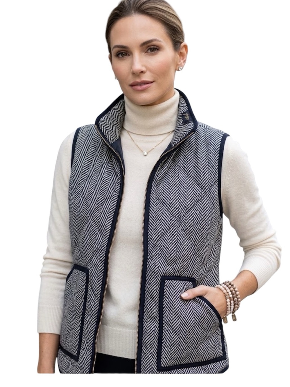 J Crew Women's Dark Navy & White Herringbone Quilted Vest Size: Small
